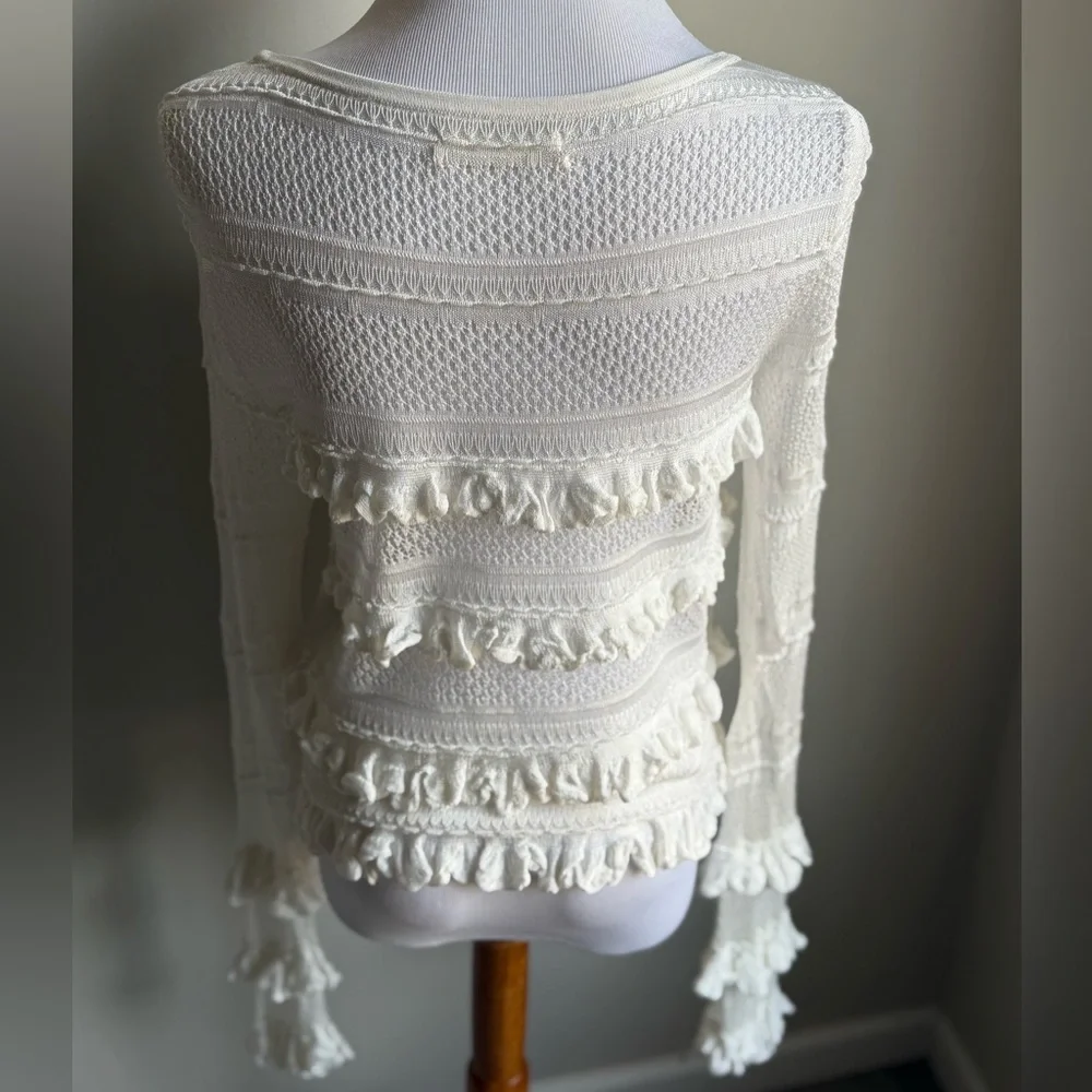 Anthropologie White Ruffled Sheer Knit Blouse | Romantic Statement Top | Size M